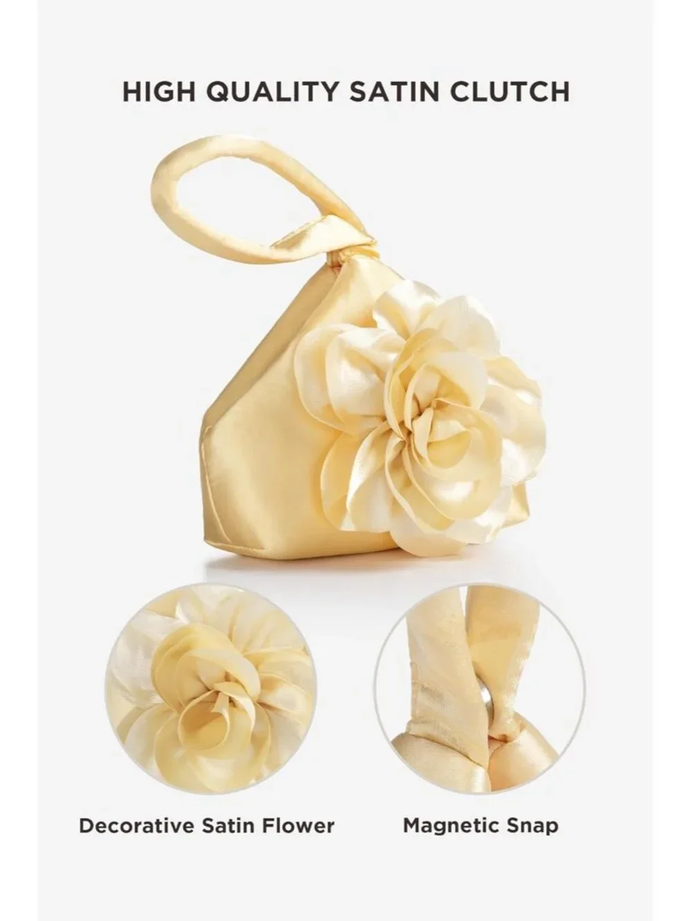 〽️ Women’s Gold Satin Flower Triangle Clutch Wristlet Purse Evening Bag